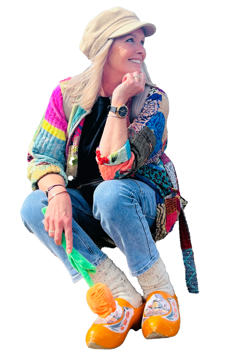 Maaike your local tourguide  wearing Dutch wooden shoes. Girl in Clogs Holland